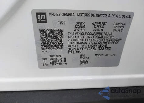 2025 Chevrolet Equinox Awd Lt из США, поврежденный, VIN 3GNAXPEG6SL322752